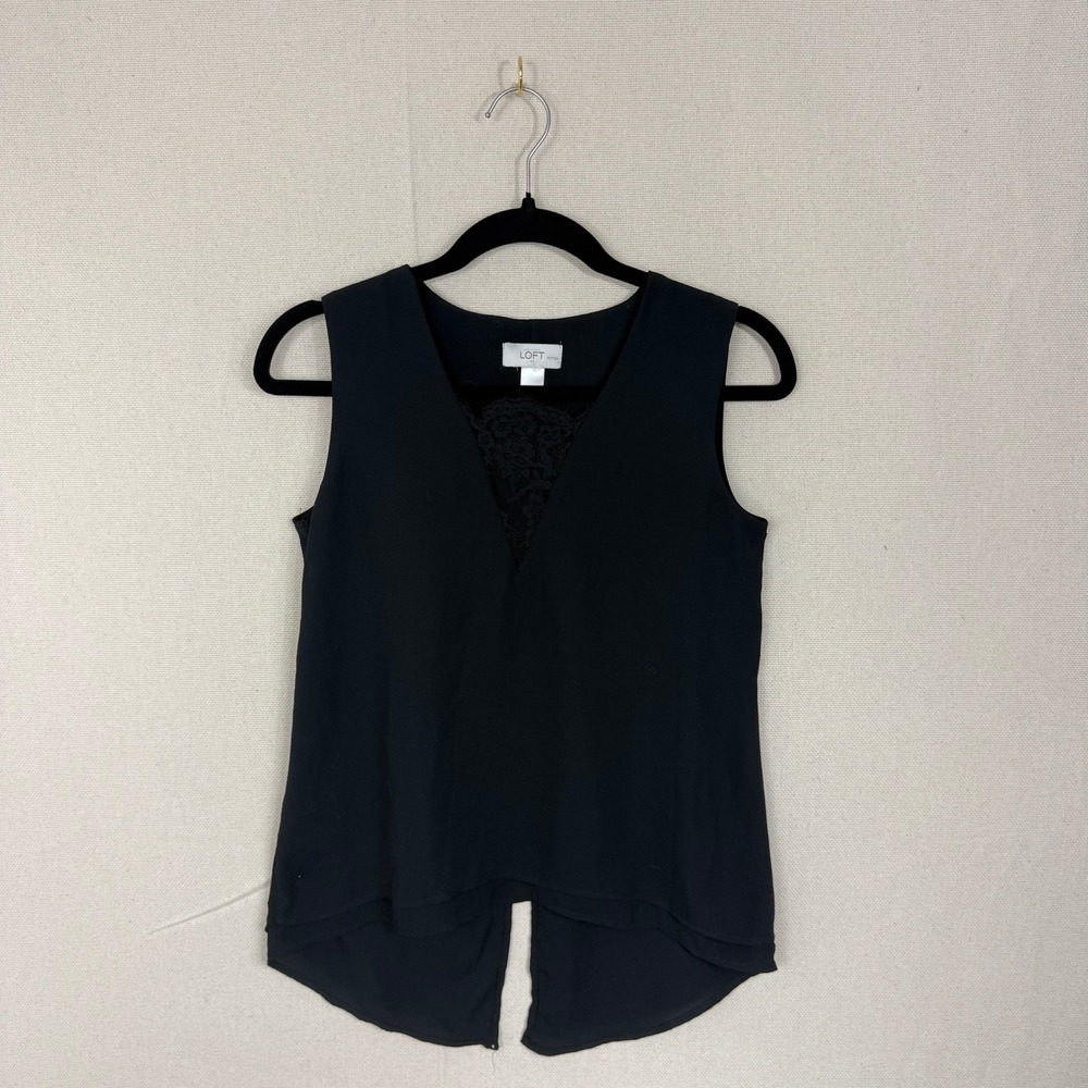 LOFT Petite Black‎ Sleeveless V Neck Lace Inset High Low Hem Top XS